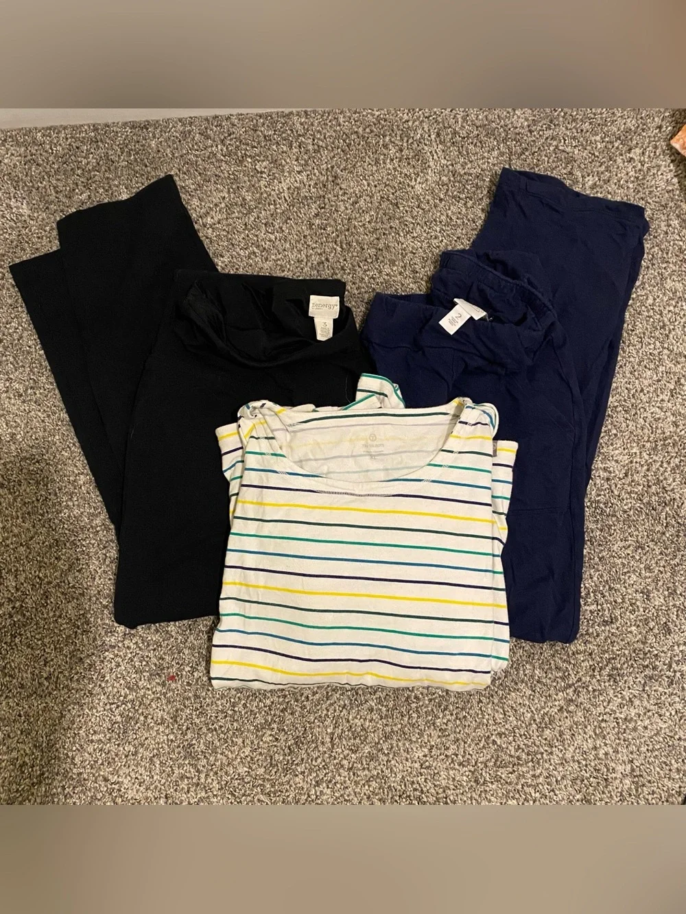 Chicos and Talbots- talbots Striped White Tee w/ Chicos Black &Navy pants